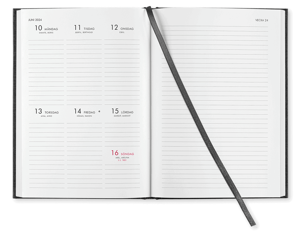 Kalender, nn vecka per uppslag med plats för anteckningar