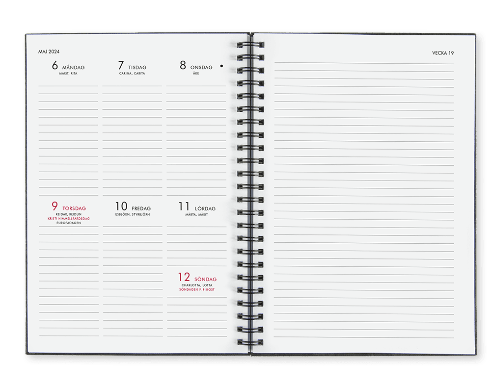 Kalender, en vecka per uppslag med plats för anteckningar
