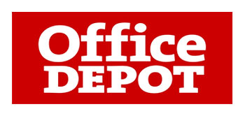 Office Depot, vit text röd bakgrund, logga