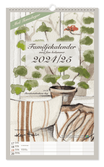 Familjekalender 2024-25, framsida kruka med blommor, design Kajsa Hagelin
