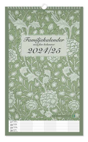 Familjekalender 2024-25, blommor med grön bakgrund, framsida, design Kajsa Hagelin