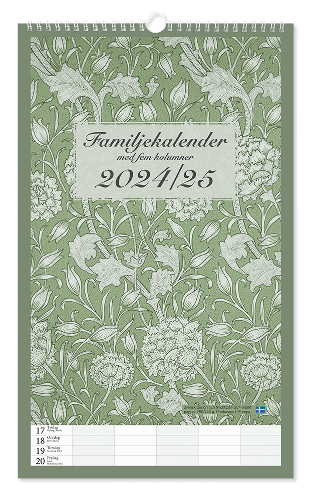 Familjekalender 2024-25, blommor med grön bakgrund, framsida, design Kajsa Hagelin